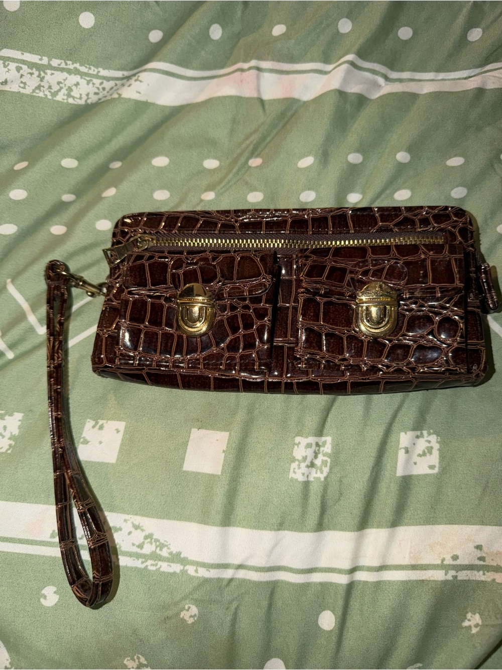 Croc-Embossed Brown Wristlet Clutch with Front Pockets